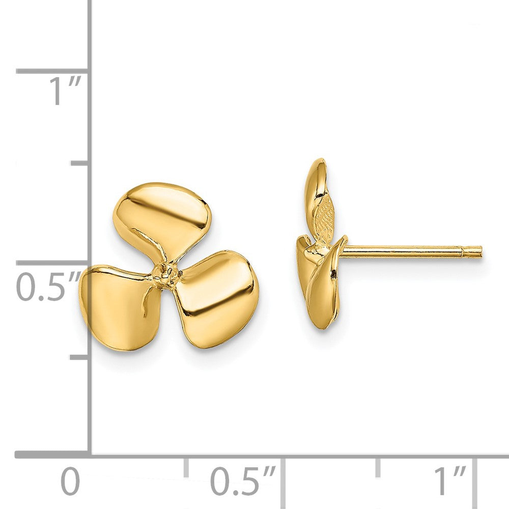 14K Gelbgold Poliert Drei Blade Propeller mit Mittig Perle Ohrstecker