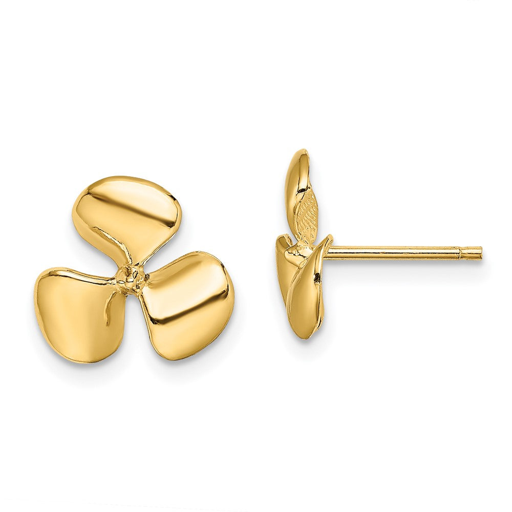 14K Gelbgold Poliert Drei Blade Propeller mit Mittig Perle Ohrstecker