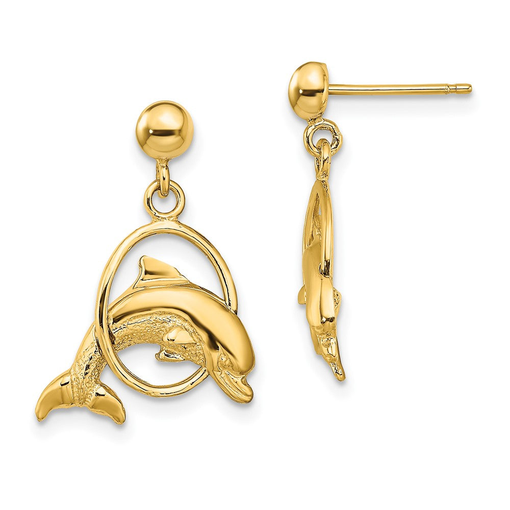 14K Gelbgold 2-d Poliert Delfin Springend Through Creolen