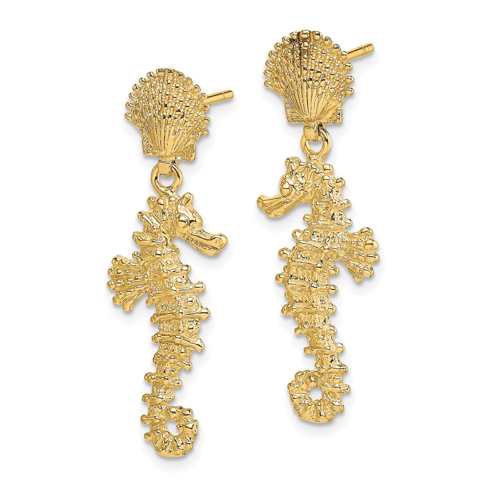 14K Gelbgold Seepferdchen Dangling From Muschel Ohrringe