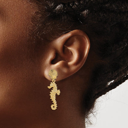 14K Gelbgold Seepferdchen Dangling From Muschel Ohrringe