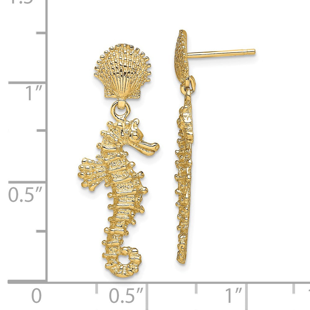 14K Gelbgold Seepferdchen Dangling From Muschel Ohrringe