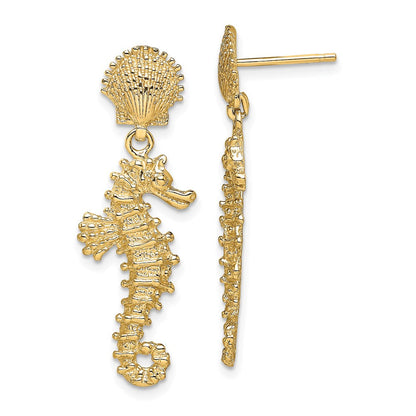 14K Gelbgold Seepferdchen Dangling From Muschel Ohrringe