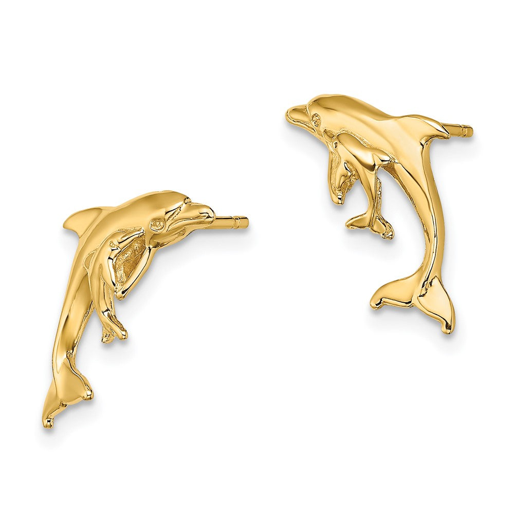 14K Gelbgold Poliert Delfin und Baby Ohrstecker