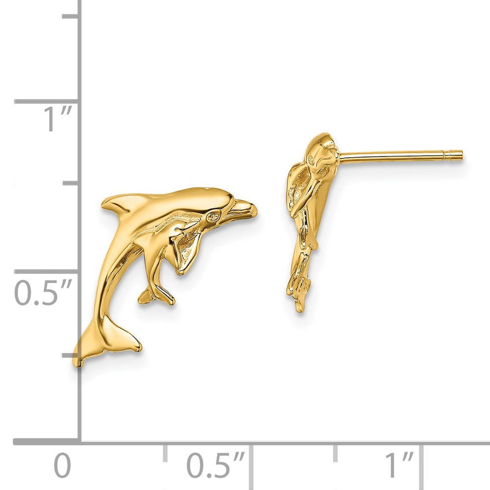 14K Gelbgold Poliert Delfin und Baby Ohrstecker
