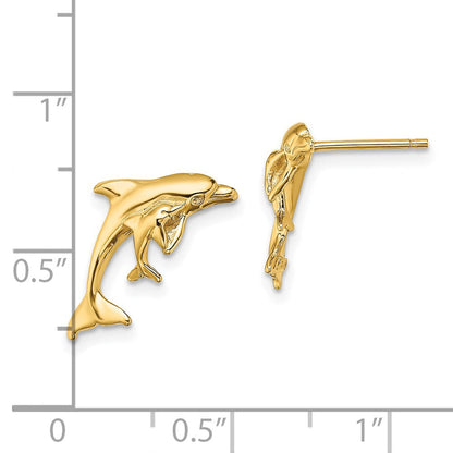 14K Gelbgold Poliert Delfin und Baby Ohrstecker