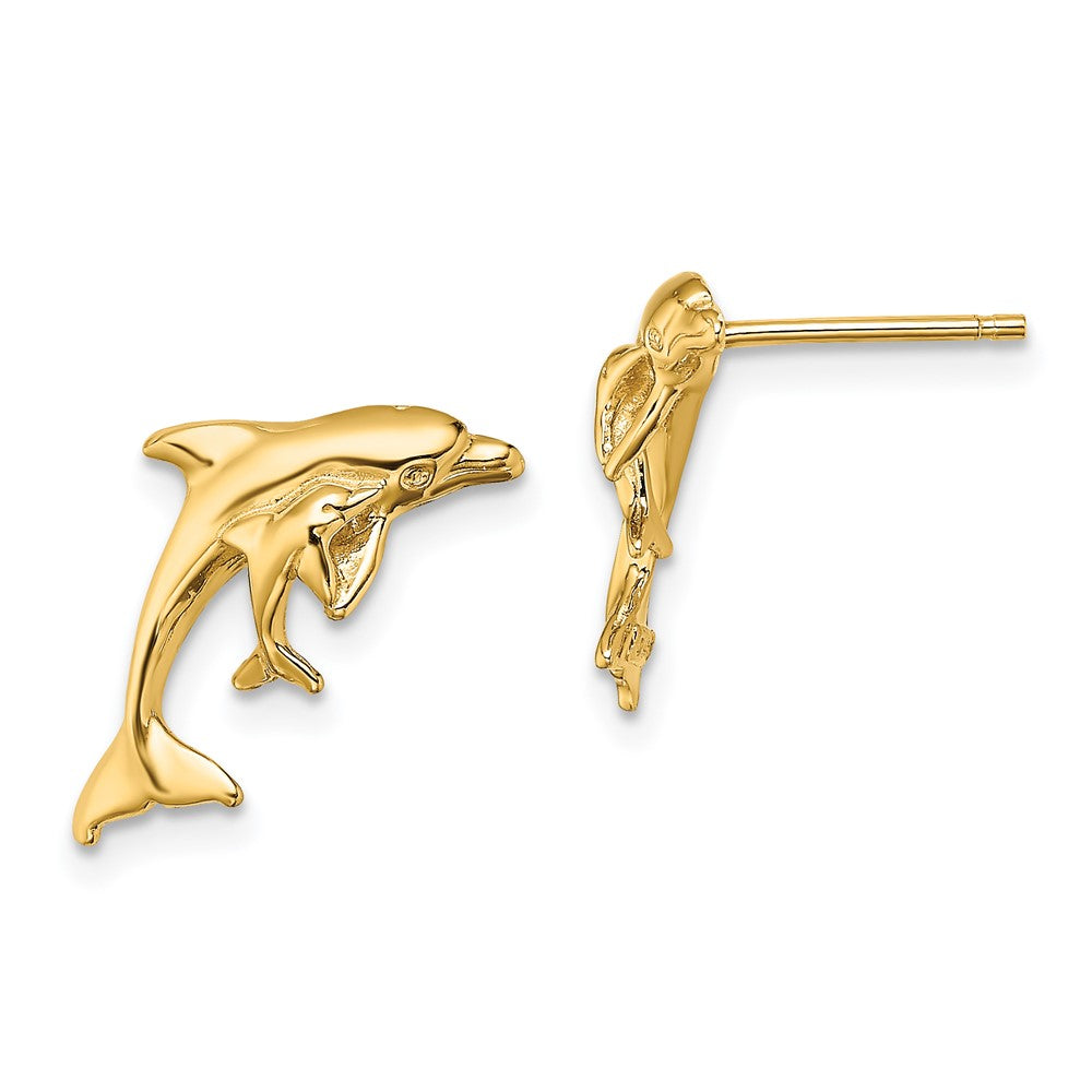 14K Gelbgold Poliert Delfin und Baby Ohrstecker