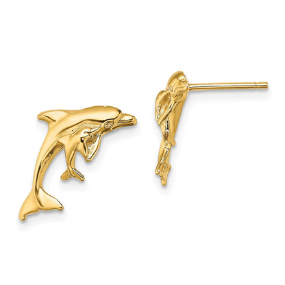 14K Gelbgold Poliert Delfin und Baby Ohrstecker