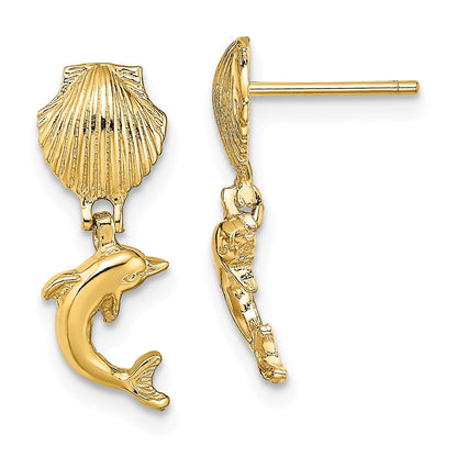 14K Gelbgold Delfin Hängend From Mini Muschel Ohrringe