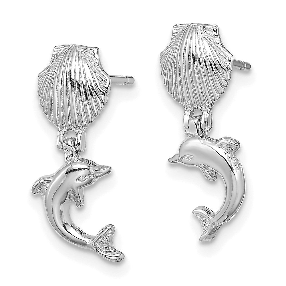 14K Weißgold Delfin Hängend From Mini Muschel Ohrringe