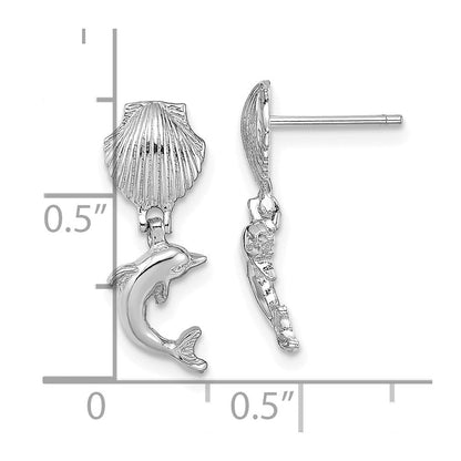14K Weißgold Delfin Hängend From Mini Muschel Ohrringe