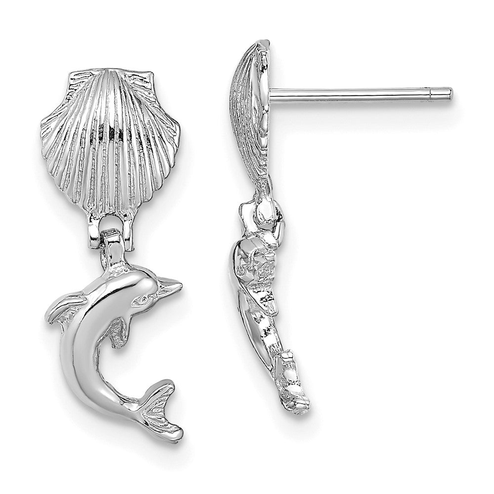 14K Weißgold Delfin Hängend From Mini Muschel Ohrringe
