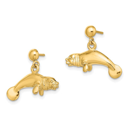 14K Gelbgold 3-d Poliert Manatee Ohrhänger