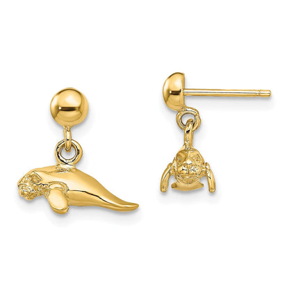 14K Gelbgold 3-d Poliert Mini Manatee Ohrhänger