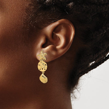 14K Gelbgold Diamantiert Seestern, Muschel,sand Dollar Ohrhänger