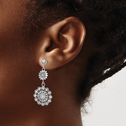 14K Weißgold Diamantiert Sonnenblume Style Doppelt Ohrhänger