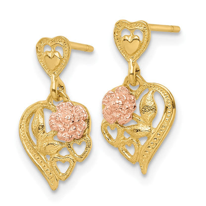 14K Bicolor Herz mit Blume Stecker Ohrhänger