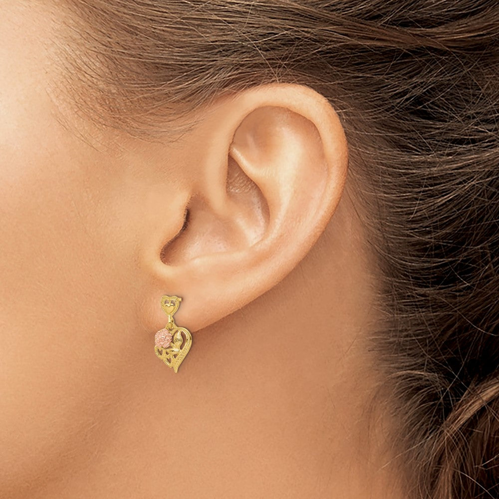 14K Bicolor Herz mit Blume Stecker Ohrhänger