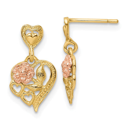 14K Bicolor Herz mit Blume Stecker Ohrhänger