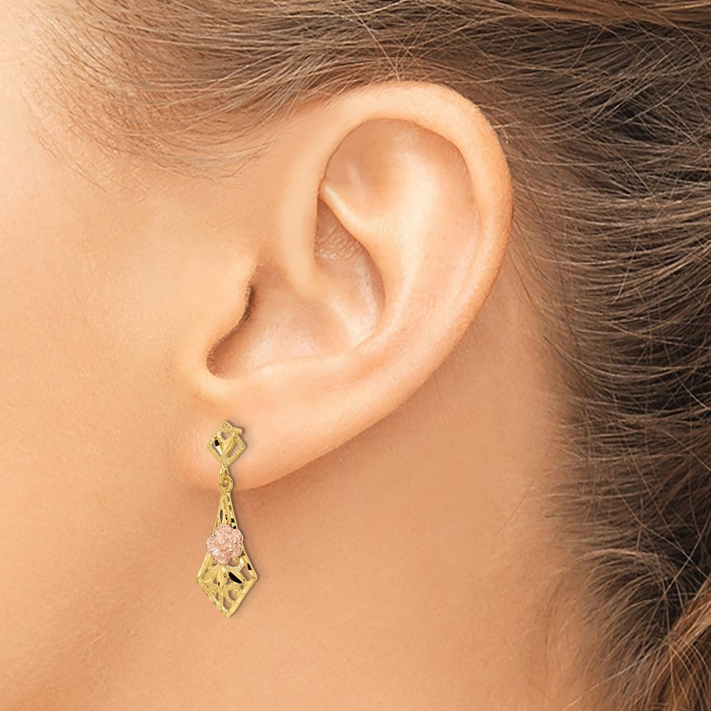 14K Bicolor Diamantiert Blume Stecker Ohrhänger