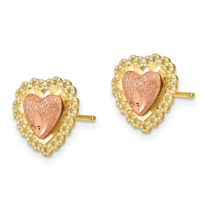 14K Bicolor Diamantiert Herz mit Lace Zierde Ohrstecker