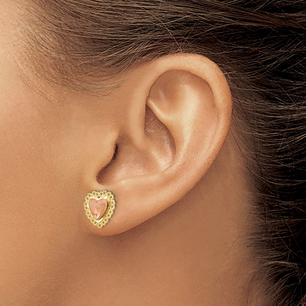 14K Bicolor Diamantiert Herz mit Lace Zierde Ohrstecker