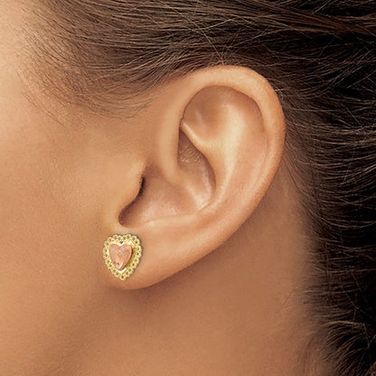 14K Bicolor Diamantiert Herz mit Lace Zierde Ohrstecker