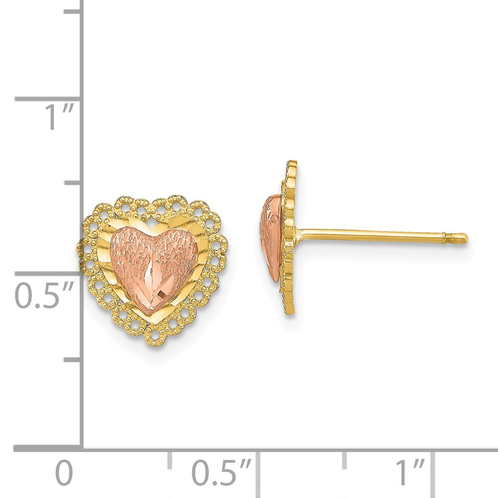 14K Bicolor Diamantiert Herz mit Lace Zierde Ohrstecker
