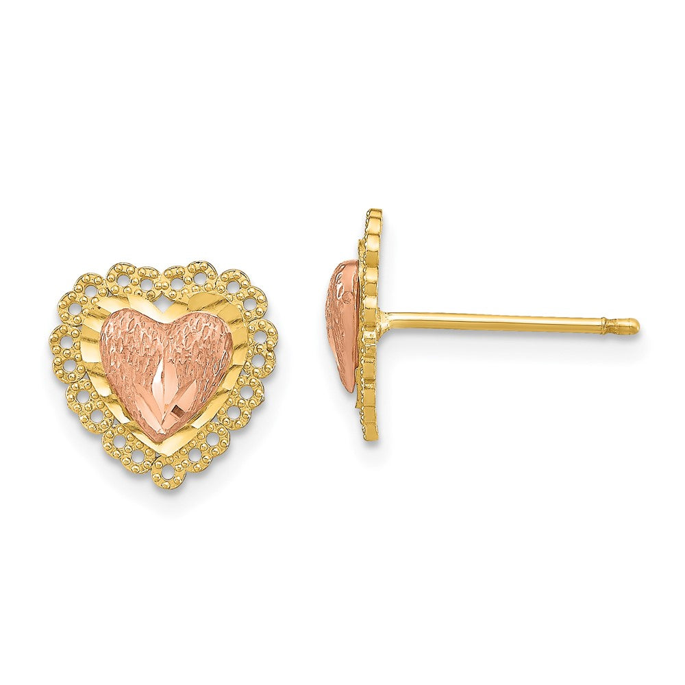 14K Bicolor Diamantiert Herz mit Lace Zierde Ohrstecker
