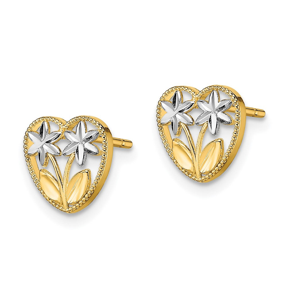 14K Gelb & Rhodium mit Diamantiert Blume und Herz Ohrstecker
