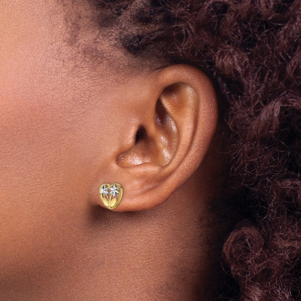 14K Gelb & Rhodium mit Diamantiert Blume und Herz Ohrstecker
