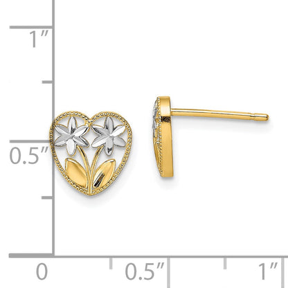 14K Gelb & Rhodium mit Diamantiert Blume und Herz Ohrstecker