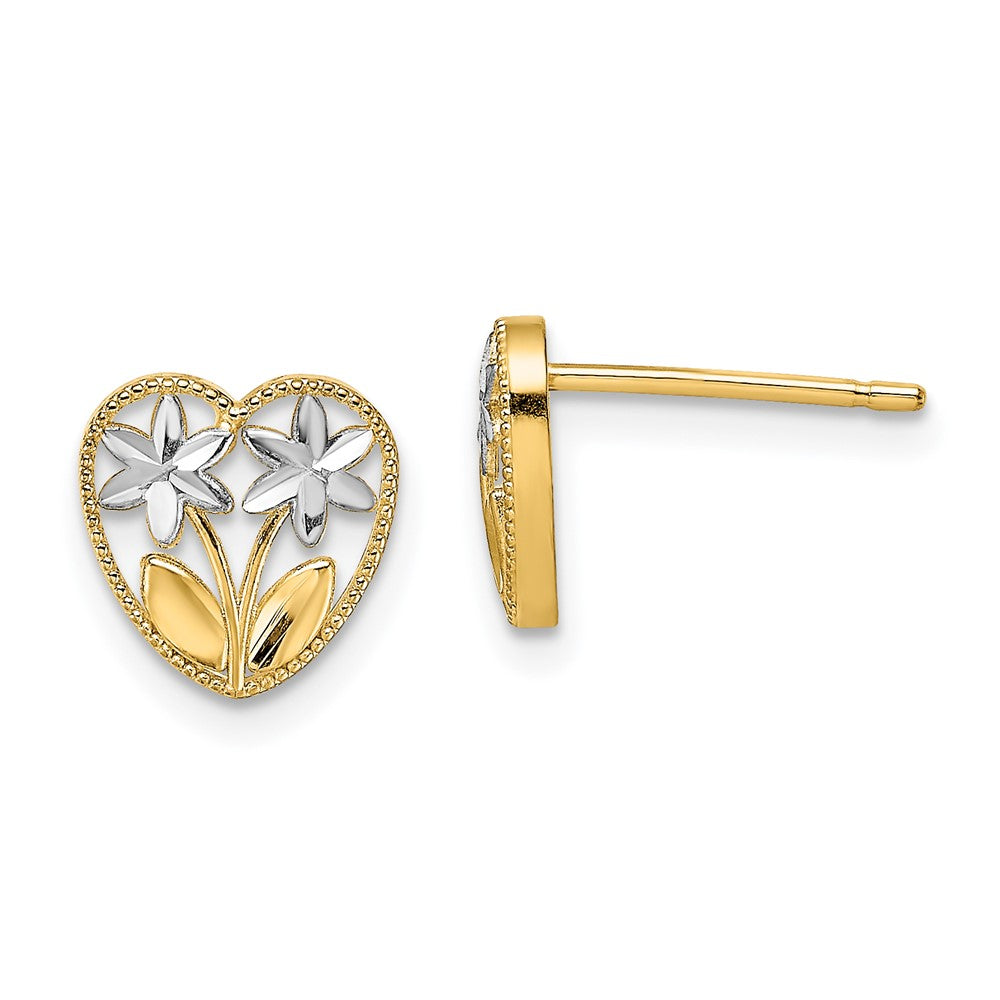 14K Gelb & Rhodium mit Diamantiert Blume und Herz Ohrstecker