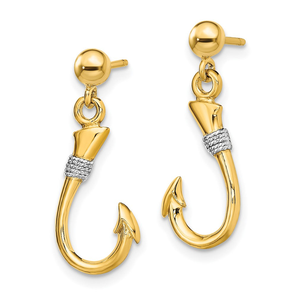 14K Gelb & Rhodium mit Rhodium 3-d Fisch Haken mit Kordel Ohrhänger