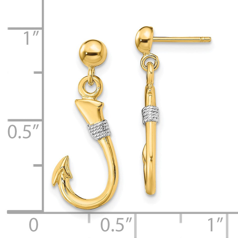 14K Gelb & Rhodium mit Rhodium 3-d Fisch Haken mit Kordel Ohrhänger