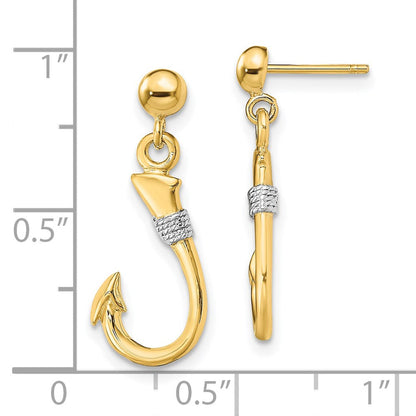 14K Gelb & Rhodium mit Rhodium 3-d Fisch Haken mit Kordel Ohrhänger