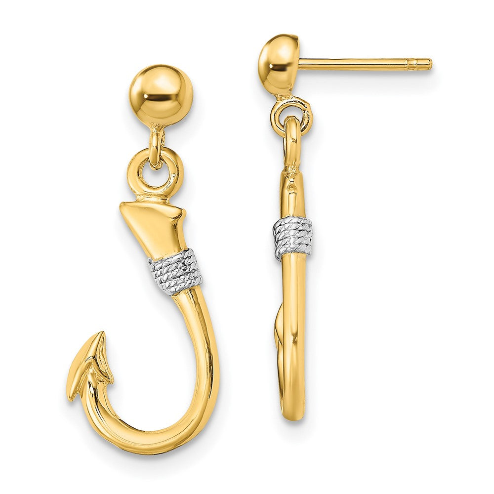 14K Gelb & Rhodium mit Rhodium 3-d Fisch Haken mit Kordel Ohrhänger