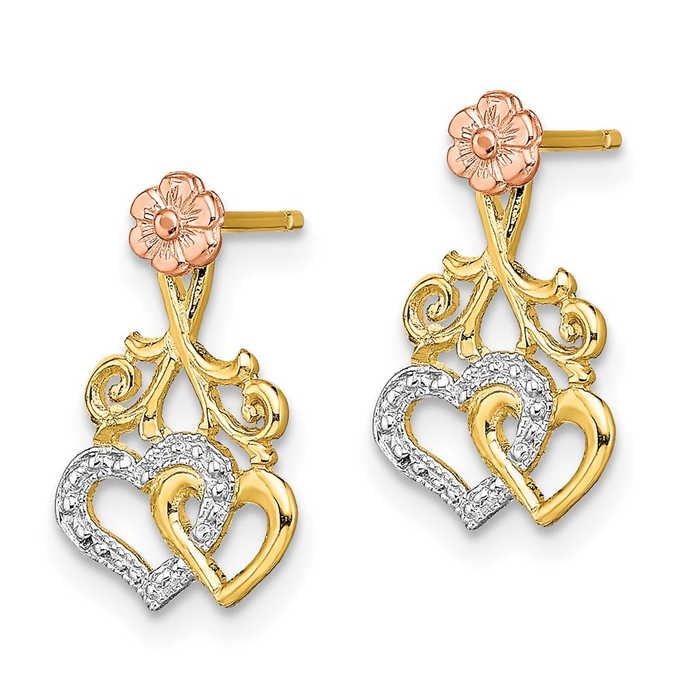 14K Bicolor mit Weiß Rhodium Herzen und Blume Ohrstecker