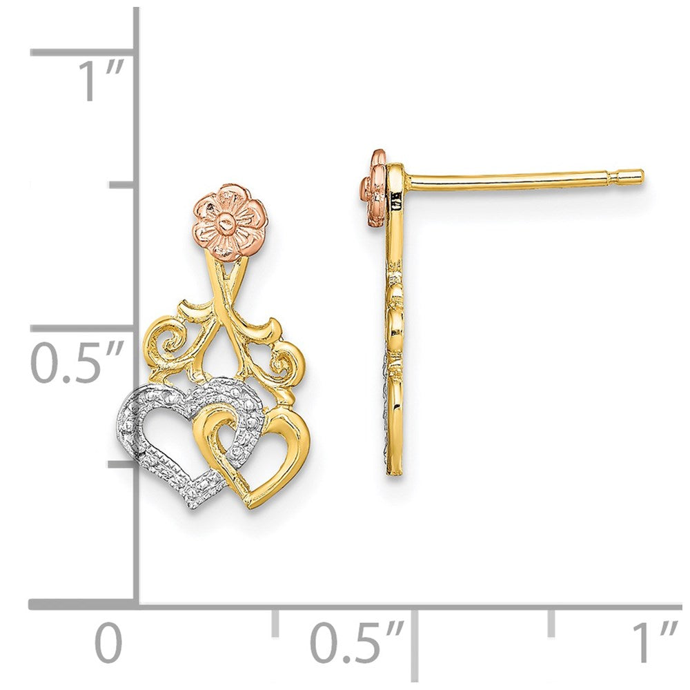 14K Bicolor mit Weiß Rhodium Herzen und Blume Ohrstecker