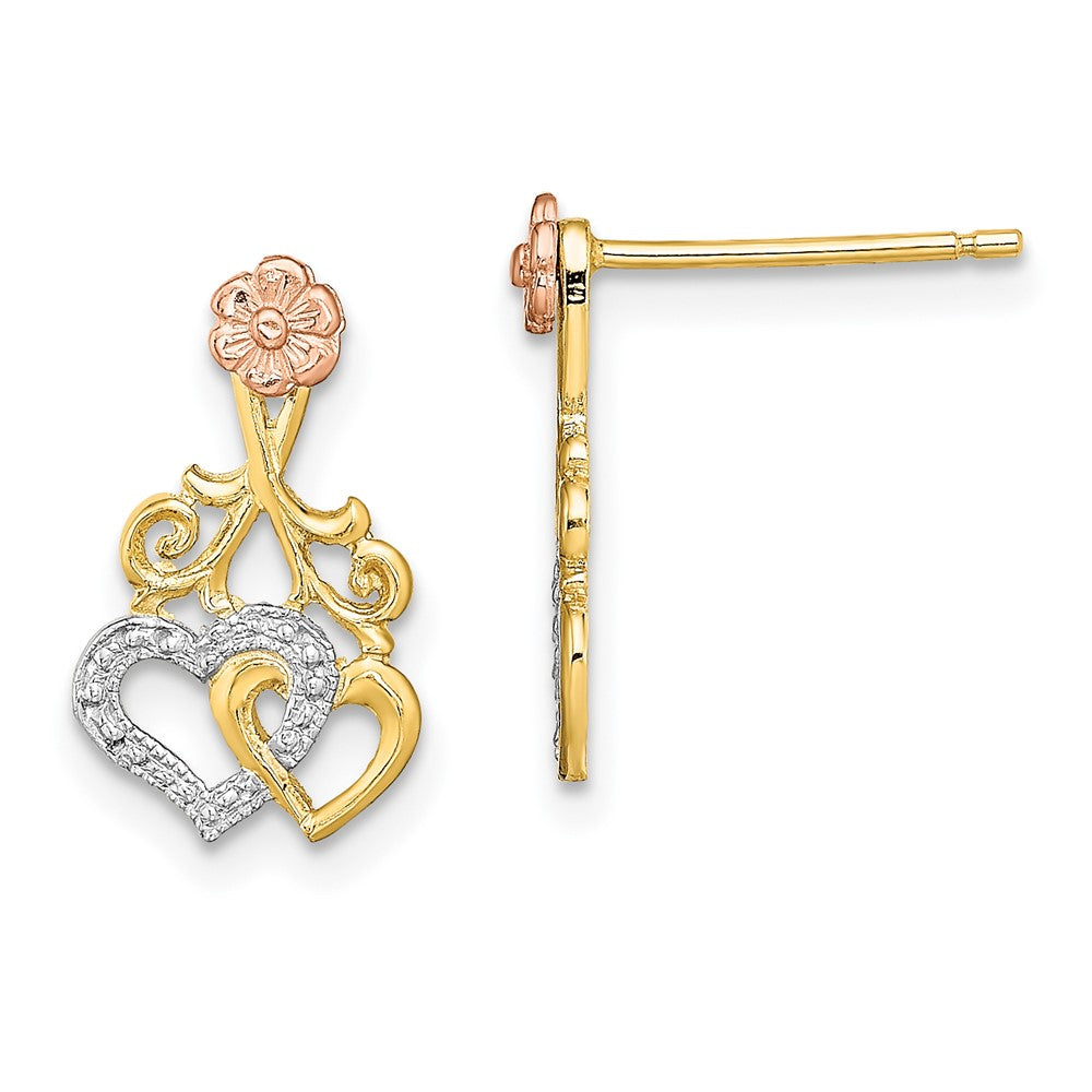 14K Bicolor mit Weiß Rhodium Herzen und Blume Ohrstecker