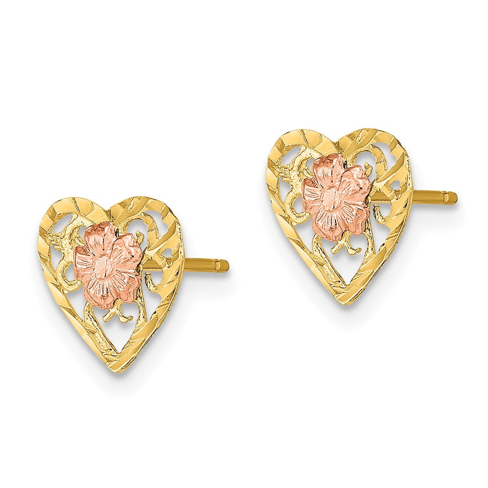 14K Bicolor Diamantiert Herz und Blume Ohrringe