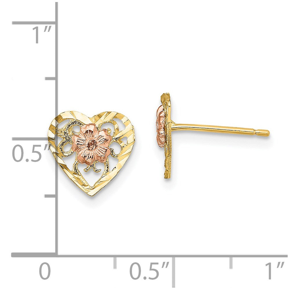 14K Bicolor Diamantiert Herz und Blume Ohrringe