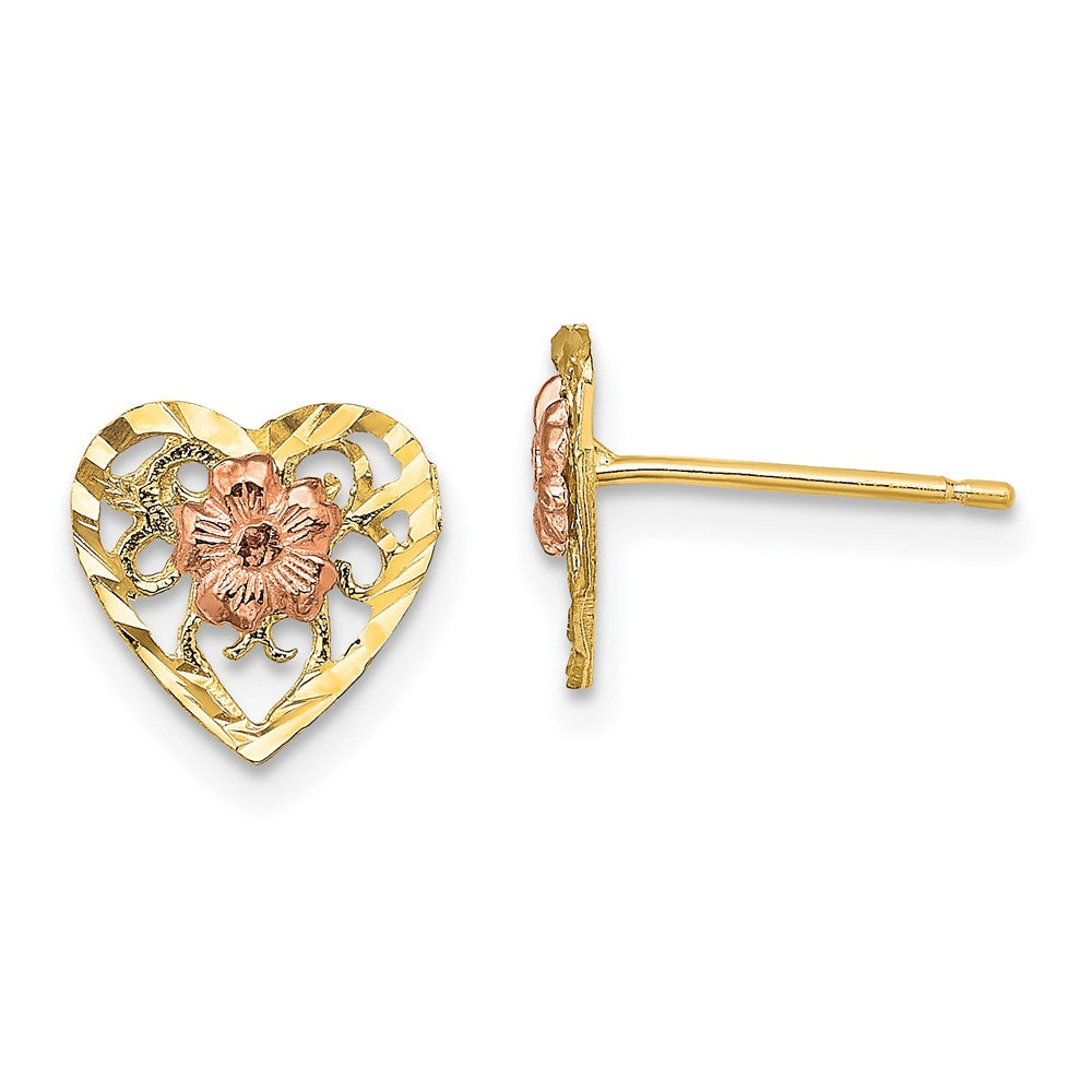 14K Bicolor Diamantiert Herz und Blume Ohrringe