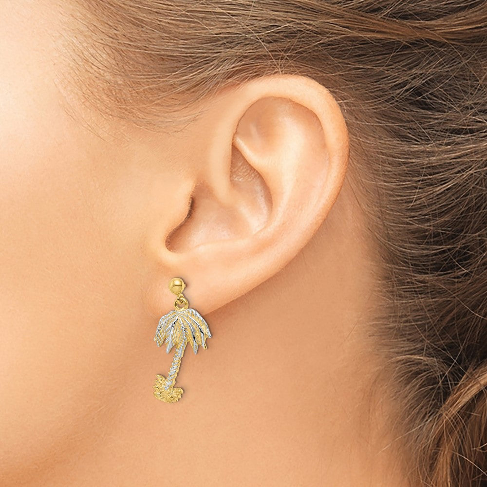 14K Gelb & Rhodium Strukturiert mit Rhodium Palme Baum Stecker Ohrhänger
