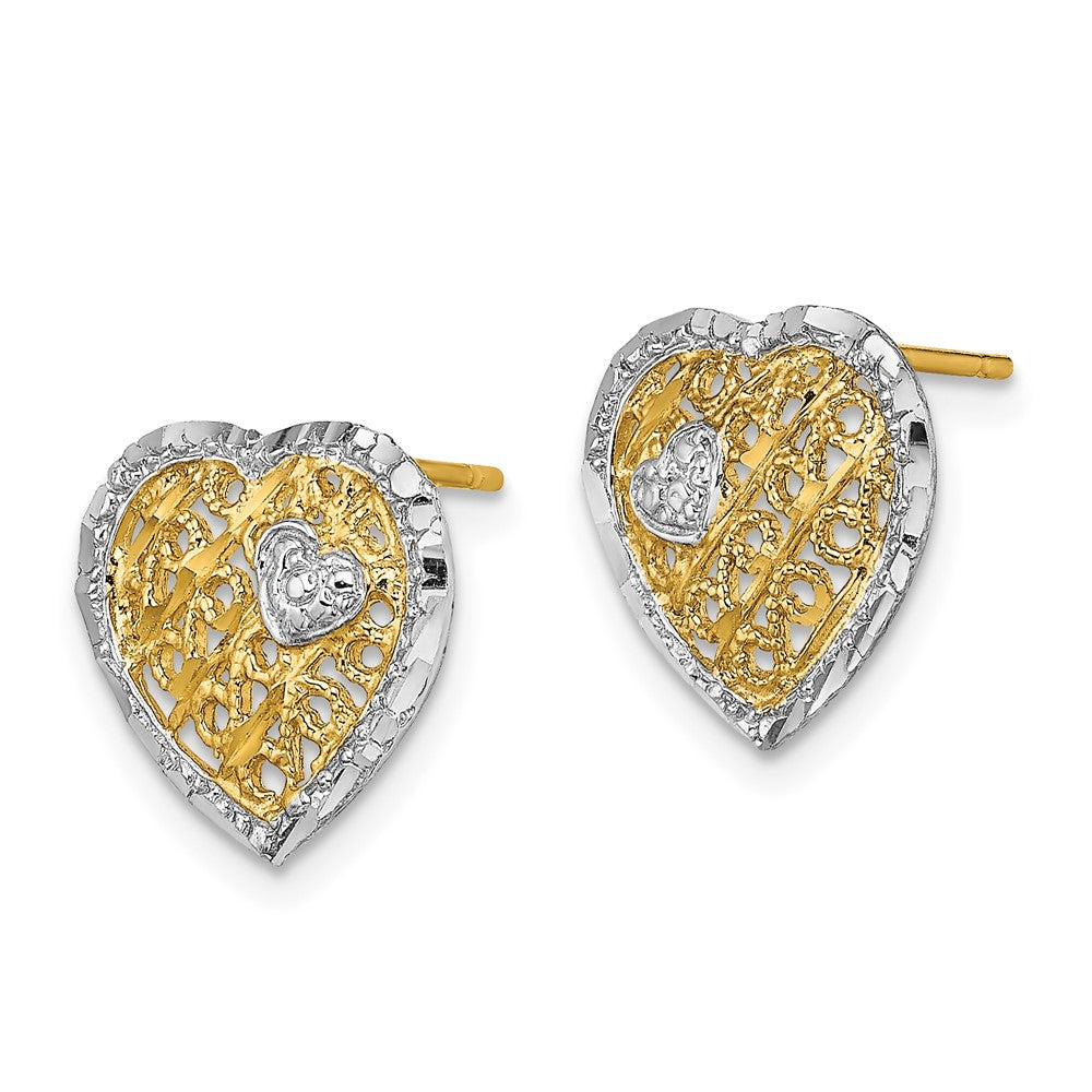 14K Gelb & Rhodium mit Rhodiniert Filigran Herz Ohrstecker