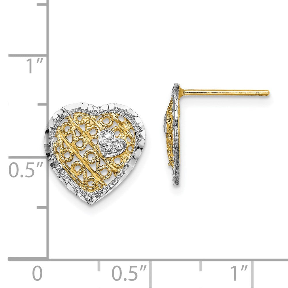 14K Gelb & Rhodium mit Rhodiniert Filigran Herz Ohrstecker