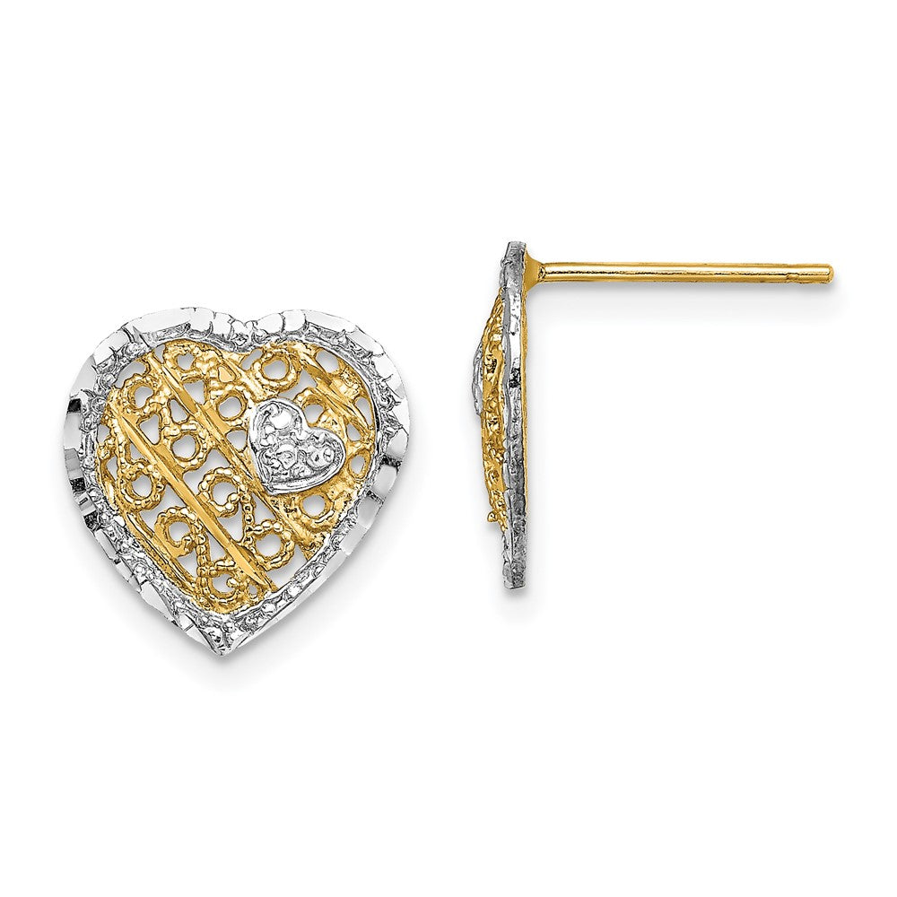 14K Gelb & Rhodium mit Rhodiniert Filigran Herz Ohrstecker