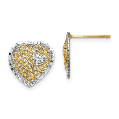 14K Gelb & Rhodium mit Rhodiniert Filigran Herz Ohrstecker
