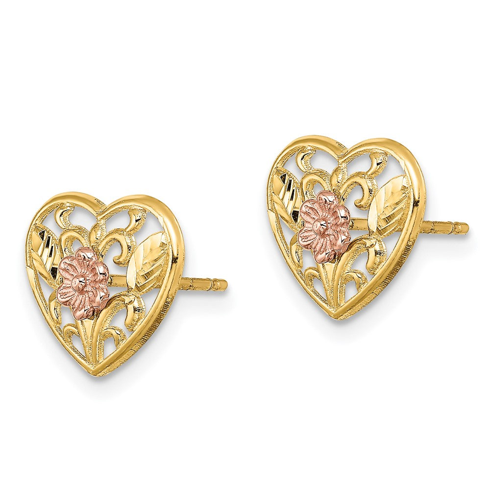14K Bicolor Poliert Blumen in Herz Ohrstecker