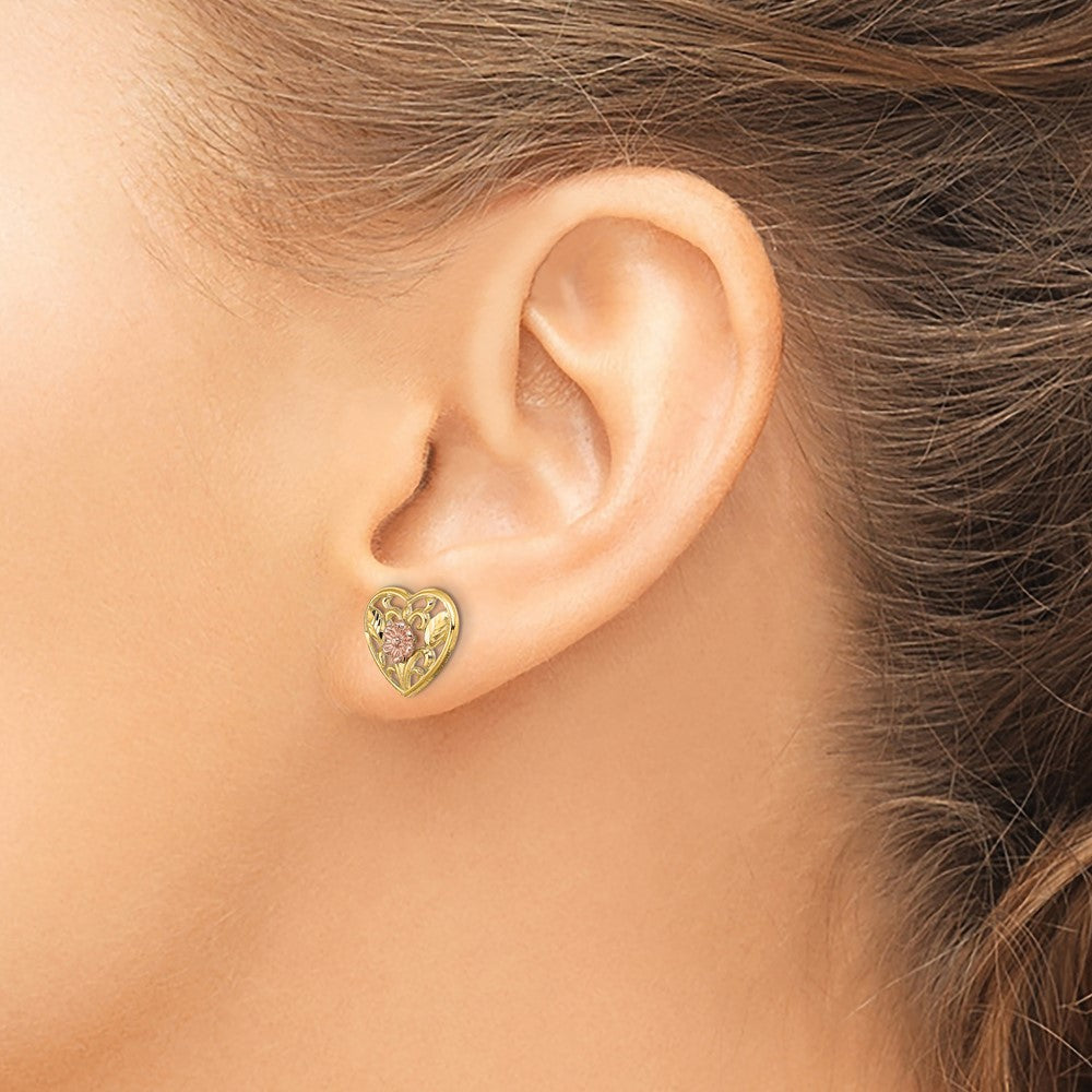 14K Bicolor Poliert Blumen in Herz Ohrstecker